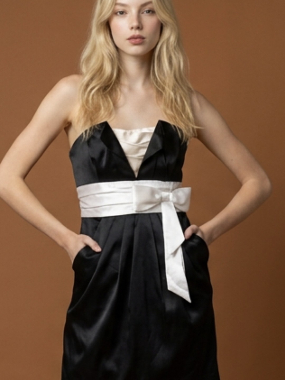 Chic Wishes Black and Ivory Strapless Cocktail Mini Dress with Pockets Sash 4014